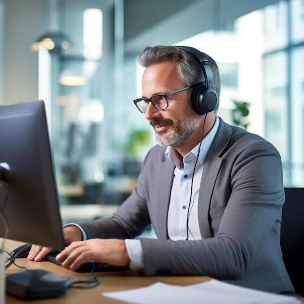 mature businessman wearing headset working on computer in office