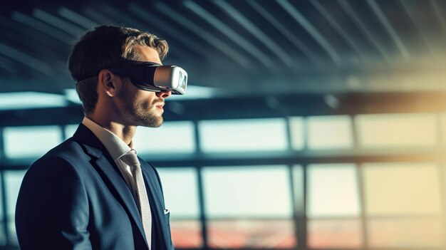 Photo mature businessman wearing vr glasses in office