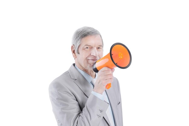 Mature businessman with megaphone.isolated on a white background.photo with copy space