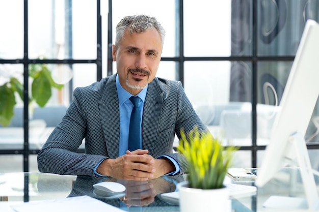 Mature businessman working on computer in modern office