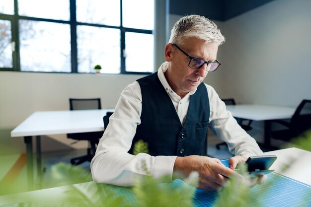 Mature businessman working at the desk in office