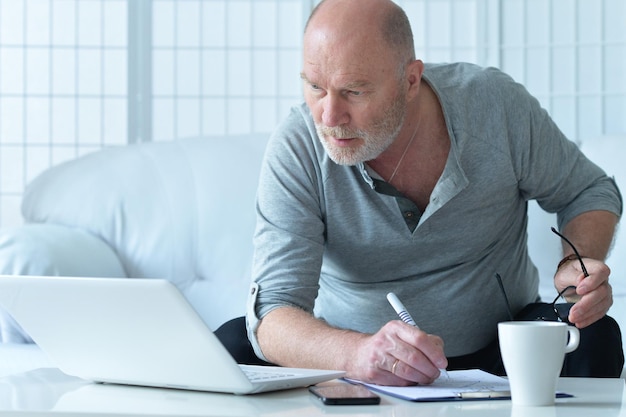 Mature businessman working with laptop