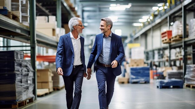 mature businessmen having discussion and walking in factory