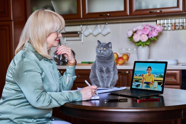 Mature businesswoman talking on video conference with colleague at home in kitchen