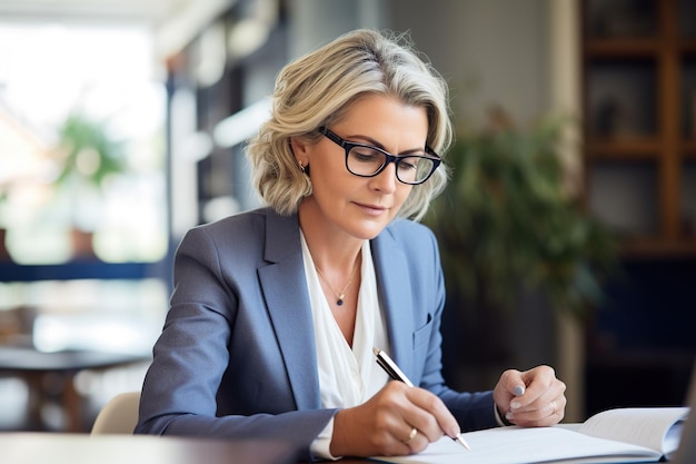 Mature businesswoman writing in her diary in an office