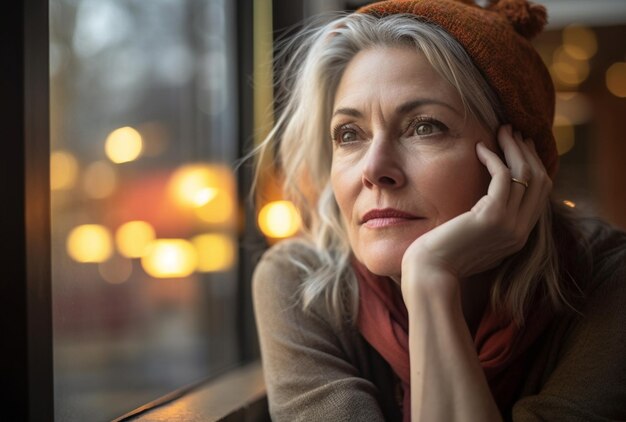 Photo a mature caucasian woman sits at a window looking thoughtful and desperate