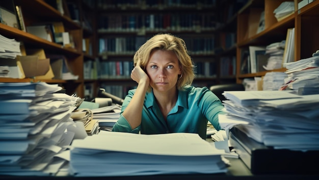 A mature Caucasian woman with short light hair looking at the camera with a tired expression sitting in a library amidst a multitude of documents