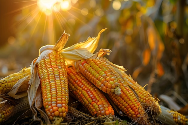 Mature corn cobs against a field backdrop