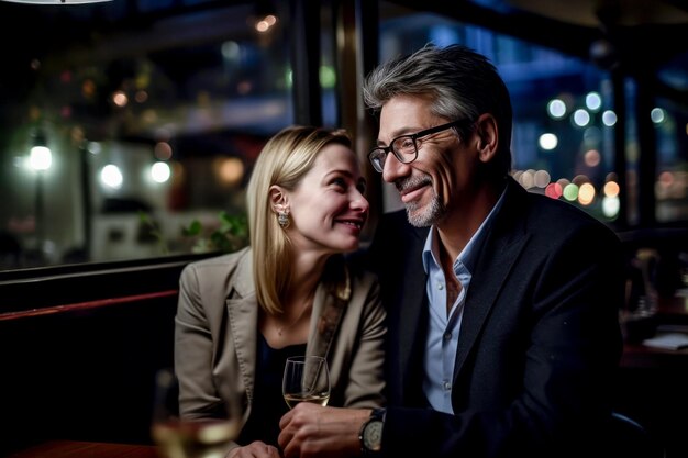 写真 人工知能で作られたレストランで夜にバレンタインデーを祝う成熟したカップル