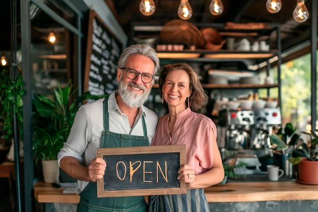 Mature couple colleagues and small business owners with open sign