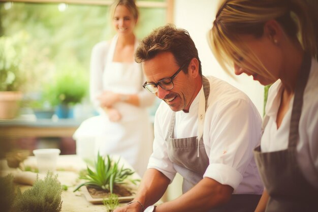 An mature couple cooking a healthy vegan meal with vegetables together