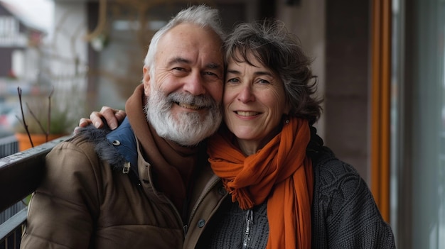 Mature couple embracing on balcony