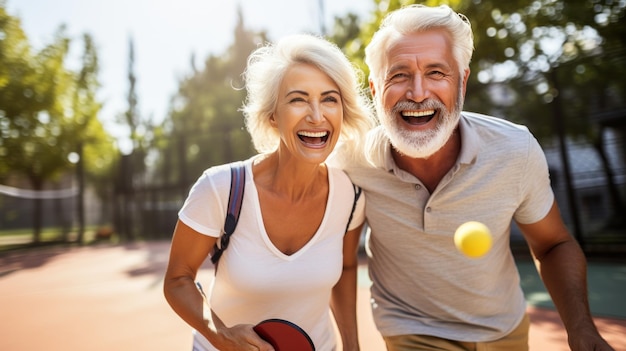 Mature couple enjoying a game of pickleball outdoors