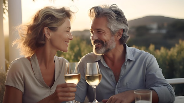 Mature couple enjoying sunset with wine on balcony romantic toast to togetherness captured moment of love AI