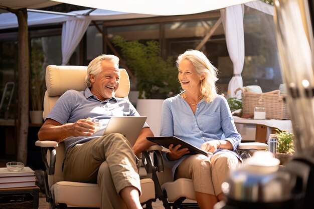 Photo mature couple enjoying vacation in camper using digital tablet together outdoo