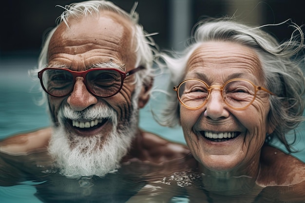 한 성숙한 커플이 더운 여름날 수영장에서 상쾌한 물놀이를 즐기며 함께 여가 시간을 만끽하고 있습니다. Generative AI