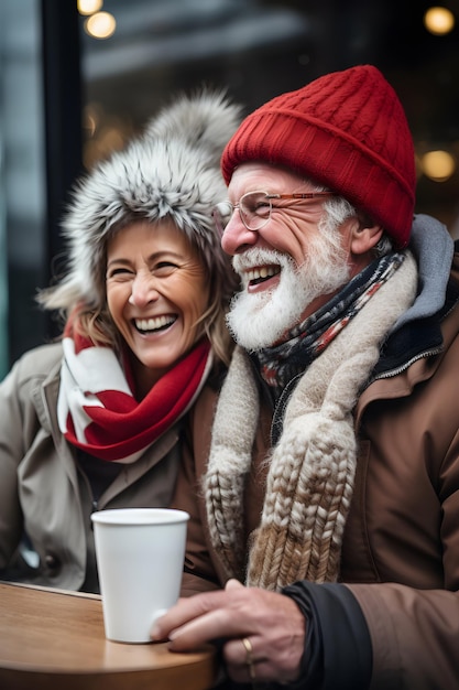 mature couple having fun in a coffee shop in winter