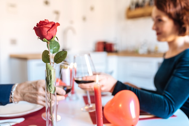 Mature couple having a romantic dinner at home for valentines day and doing toast with red wine 
