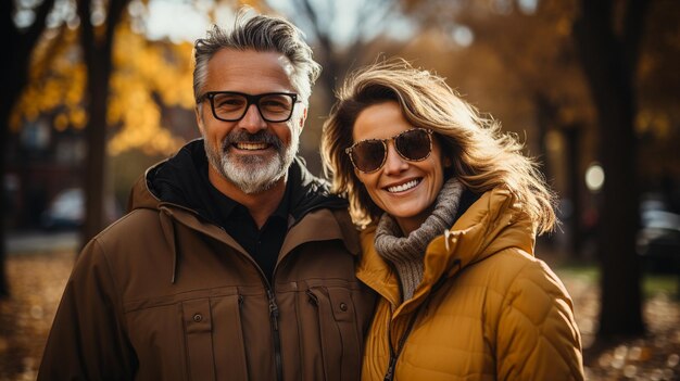 A mature couple in love strolling in a park