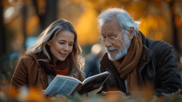 a mature couple sharing devotions and studying the bible in a city park in st albert alberta canada on a warm fall day