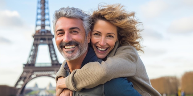 Зрелая пара демонстрирует любовь возле Эйфелевой башни в Париже, городе любви.
