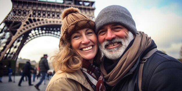 Mature couple showing love near eiffel tower Paris the city of love Generative AI