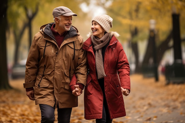 Mature Couple Traveling Walking in autumn park