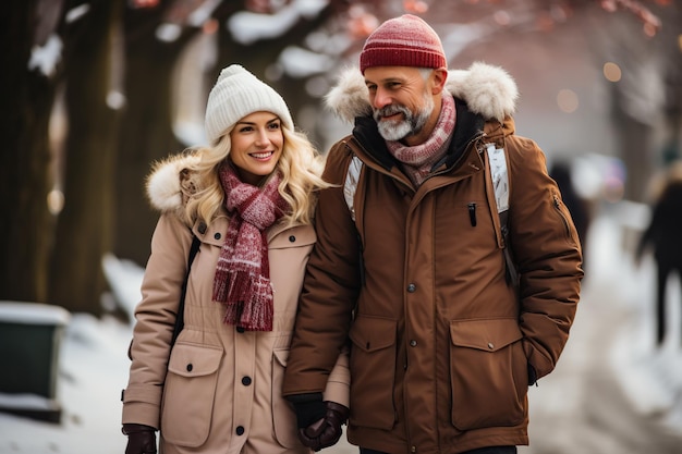 Пожилая пара путешествует, гуляет в зимнем парке