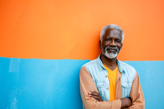 mature cuban men with grey hair and in casual outfit against blue and orange wall