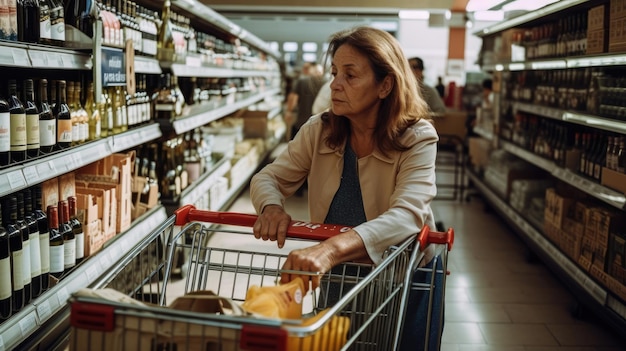 사진 성숙한 우울한 여성이 슈퍼마켓에서 와인 병을 구입하고 있습니다.