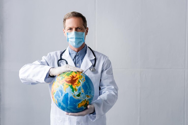 Photo mature doctor in latex gloves and medical mask holding globe on grey