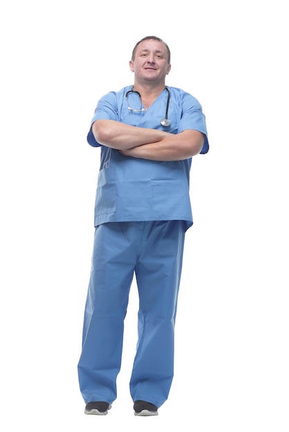 Mature doctor with a stethoscope isolated on a white background