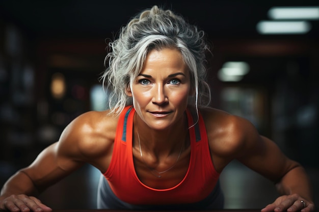 mature elderly woman pensioner smiling happily does lifestyle gymnastics for health in gym