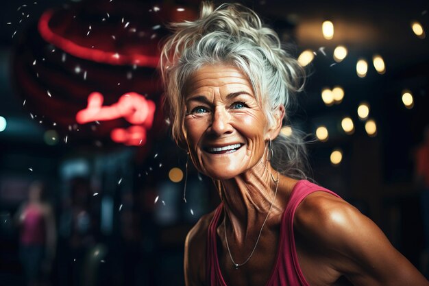 Mature elderly woman pensioner smiling happily doing boxing lifestyle for health in gym