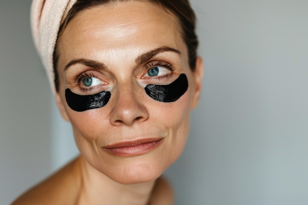 Mature european woman with eye patches skincare focus ai created