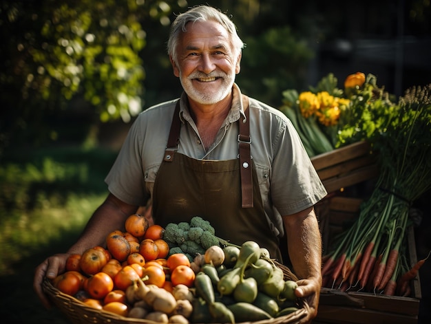 A mature farmer keeps fresh vegetables in an ecofriendly box in the garden Generative ai