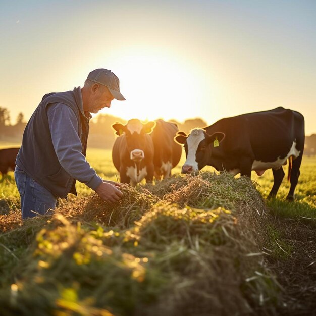 Foto agricoltori maturi che nutrono le mucche sul campo al sole