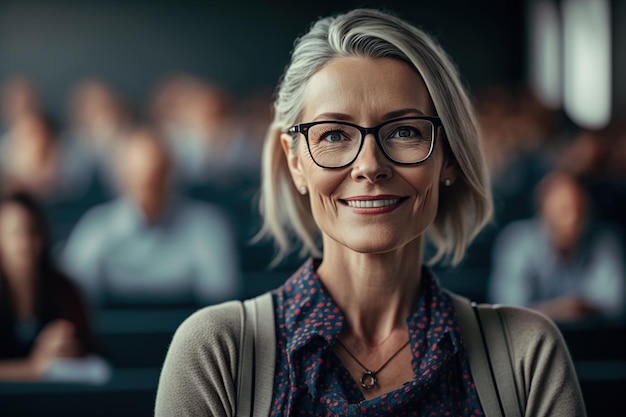 Mature female college professor posing in front of the camera Ai generated