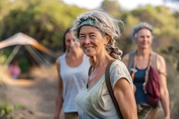 Mature female friends on yoga retreat walk through campsite