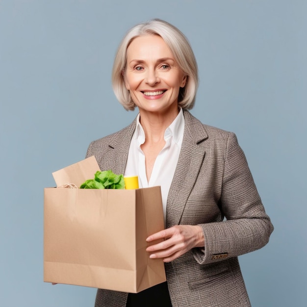 mature female holding fresh green vegetables while looking at camera