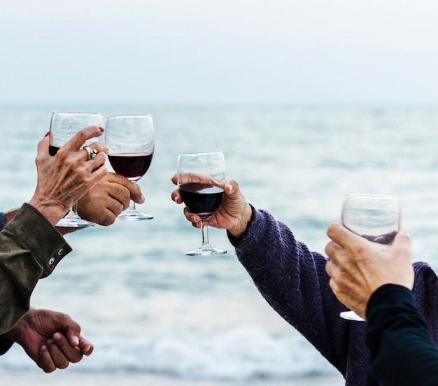 Amici maturi che bevono vino in spiaggia