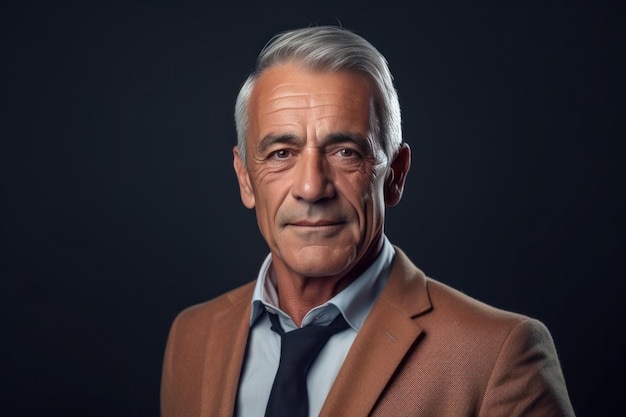 Mature grayhaired male businessperson lawyer wearing suit and tie on black background Generative AI