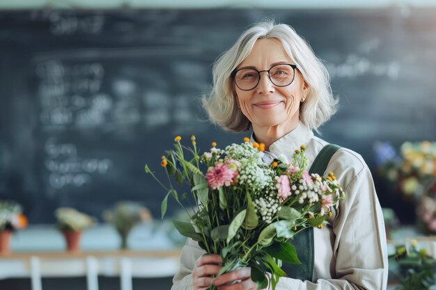 Foto florista donna grigia matura con un bouquet di fiori