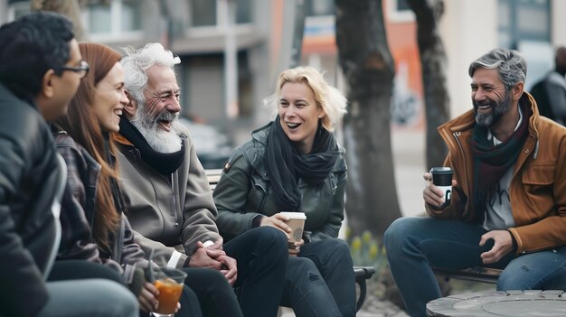 Photo mature group of people sitting together on coffee time outdoor cheerful handsome peo generative ai