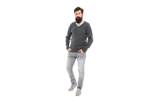 Mature guy with beard isolated on white background full length male fashion