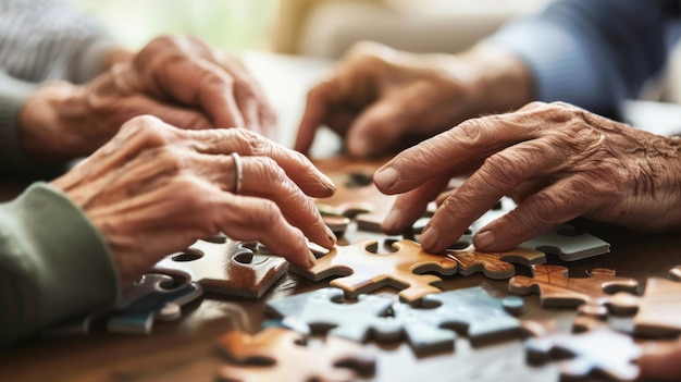 Mature hands gather over a puzzle symbolizing teamwork and the keeping of mental sharpness