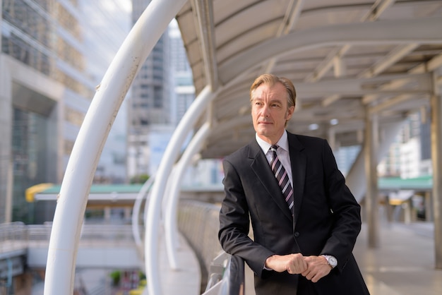 Mature handsome businessman in suit thinking at the footbridge