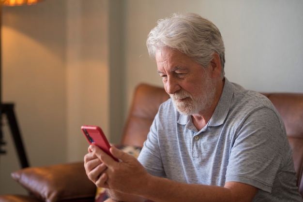 Photo mature handsome man text and write message on the smartphone - elderly people use cellular to chat sit down on the sofa at home - one retired people indoor lifestyle alone with connected device