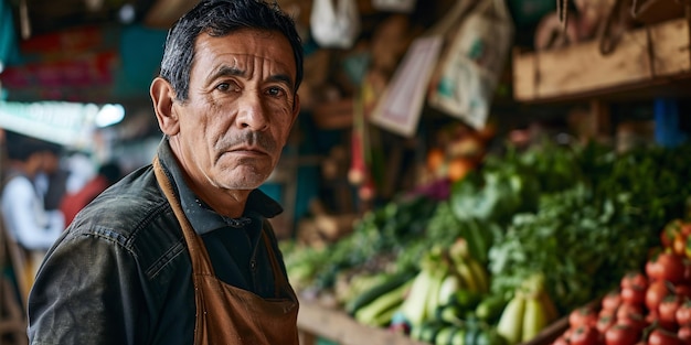 A mature Hispanic male wearing an apron poses for the camera in the produce store where he is employed Blank area for text