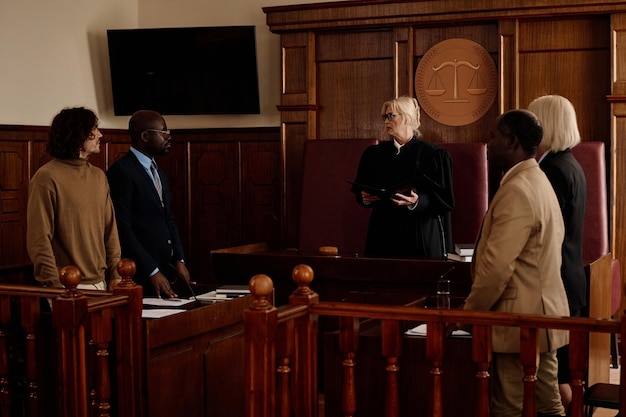 Mature impartial judge with open folder standing in front of opposite sides of court case